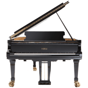 A black piano with gold trim and a white top.
