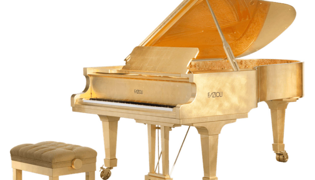 A wooden piano with a stool in front of it.