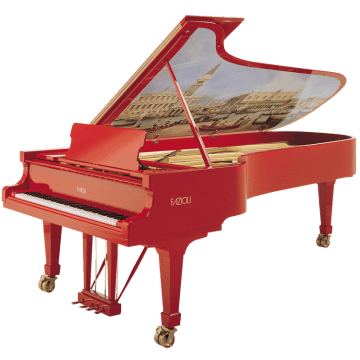 A red piano with an open lid showing the image of a roman amphitheater.
