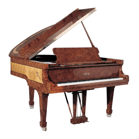 A piano is shown with the lid open.