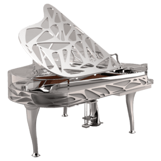 A white piano with a wooden top and legs.