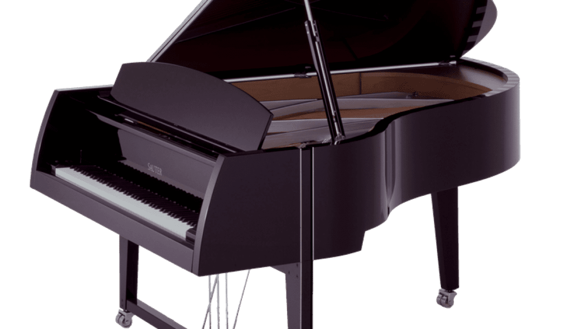 A black piano with a wooden top and legs.