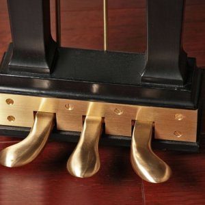 A close up of three gold colored handles on a table.