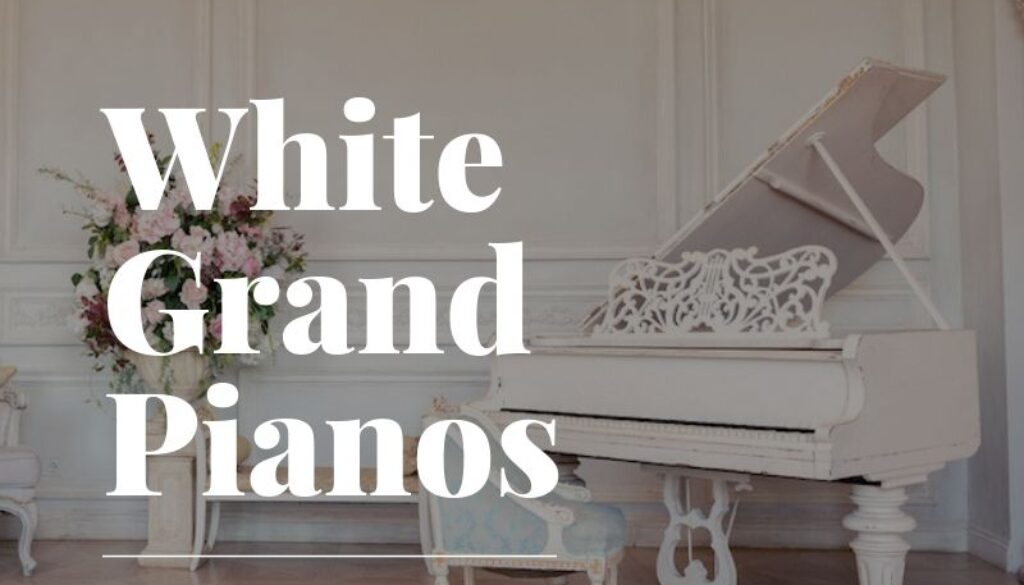 A white grand piano sitting in front of a wall.