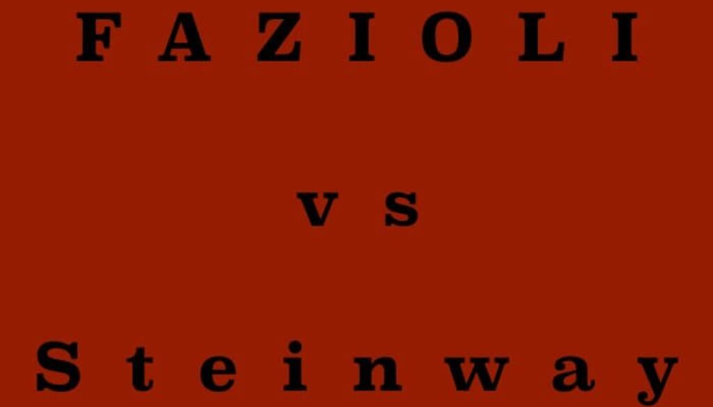 A red square with the words fazoli vs steinway on it.