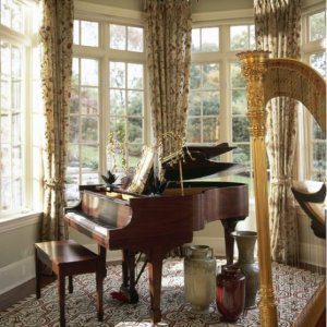A piano in the corner of a room with curtains.