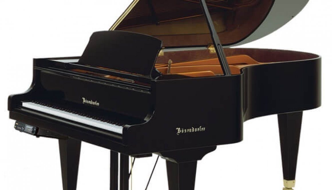 A black piano with a brown lid and legs.