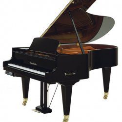 A black piano with a brown lid and legs.