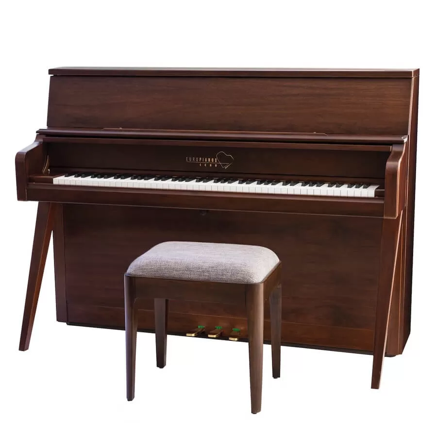 Europianos Echo mid century modern upright piano in walnut finish with matching bench.