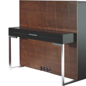 A black and brown table with two drawers