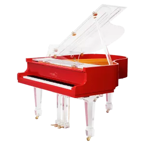 A red piano with white legs and top.