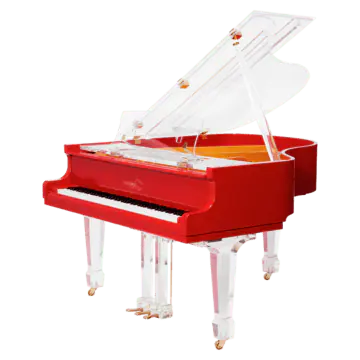 A red piano with white legs and top.