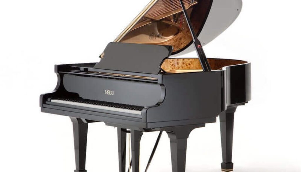 A black piano with its lid open.