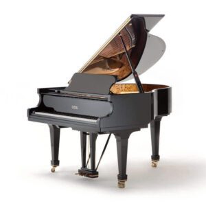 A black piano with its lid open.