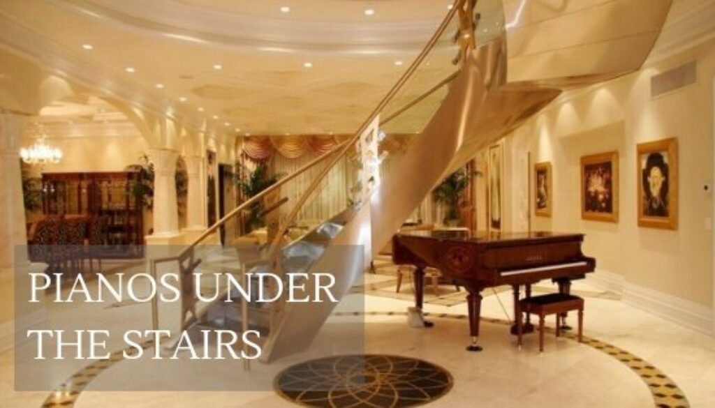 A large room with stairs and piano in it