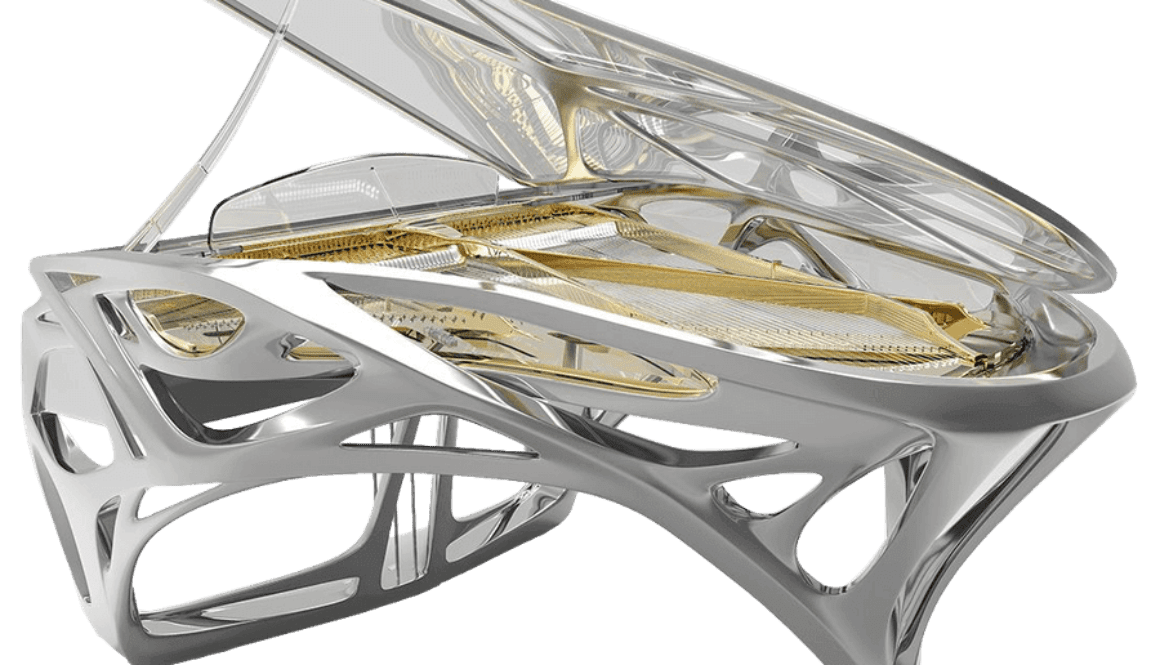 A 3 d image of an open piano with gold wheels.