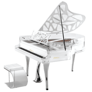 A white piano with a bench on top of it.