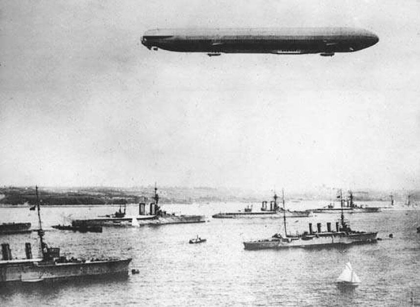 A zeppelin over the harbor at Kiel, Ger., on maneuvers during World War I Encyclopedia Britannica, Inc.