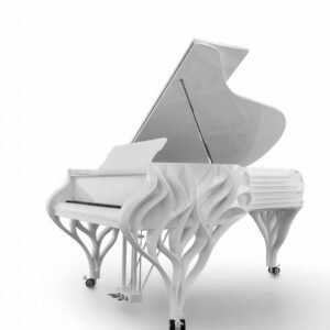 A white piano with some very interesting design.