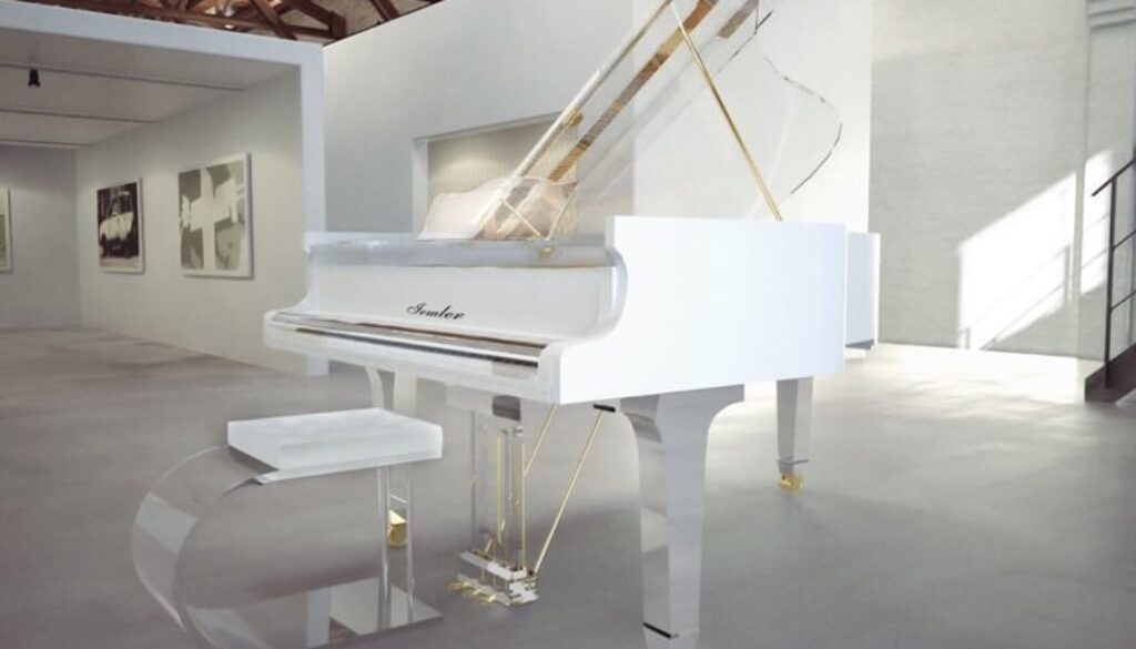 A white piano in an empty room with a bench.