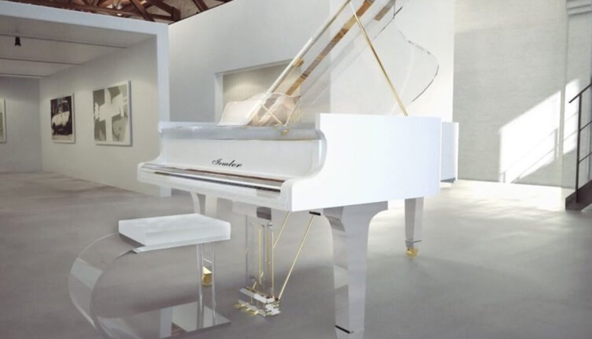 A white piano in an empty room with a bench.