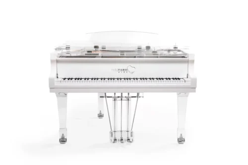 Transparent white grand piano on white background.