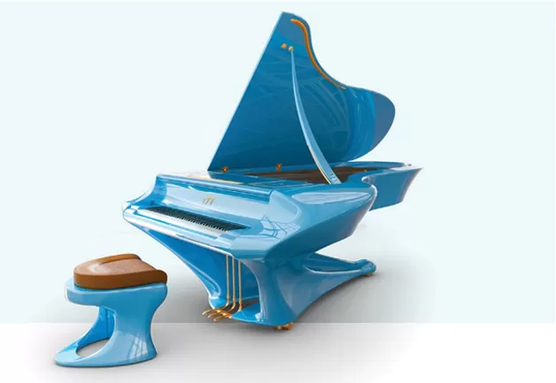 Stylish blue grand piano with matching stool.