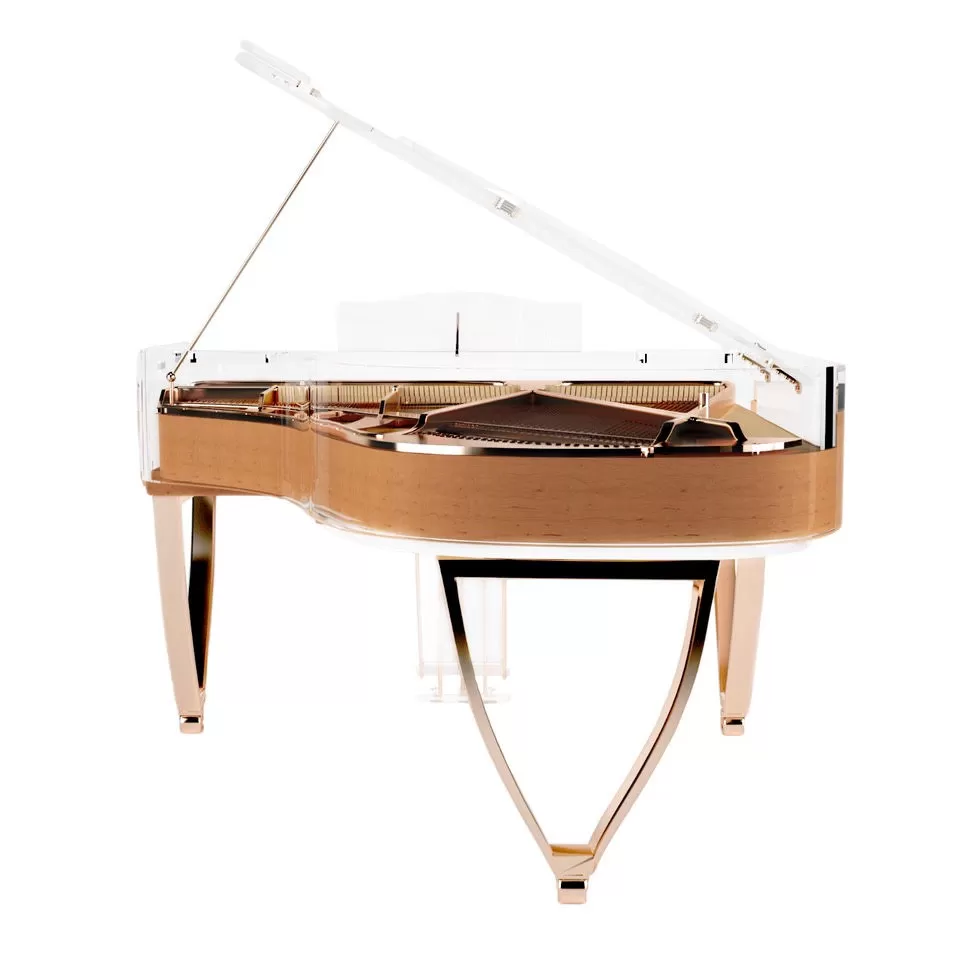 Waxed alder and rose gold grand piano with wishbone legs