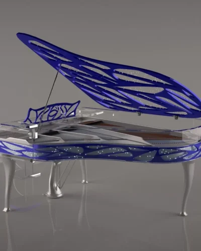 Modern blue grand piano with intricate design.